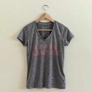 Under Armour Sz XS Loose Fit Gray V Neck Short Sleeve Tee Heatgear Pink Logo